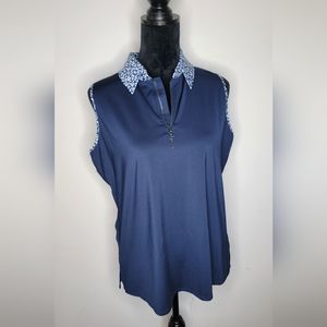 Belyn Key Women's Action Sleeveless Navy Patter Collar Golf Polo Shirt Top L